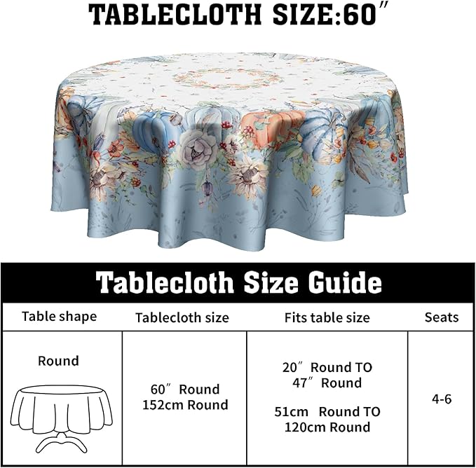 Giwawa Fall Pumpkin Blue Round Tablecloth 60 Inch,Autumn Harvest Thanksgiving Farmhouse Decorative Table Cloth Washable Table Cover for Kitchen Party Picnic Dinner Home Decor