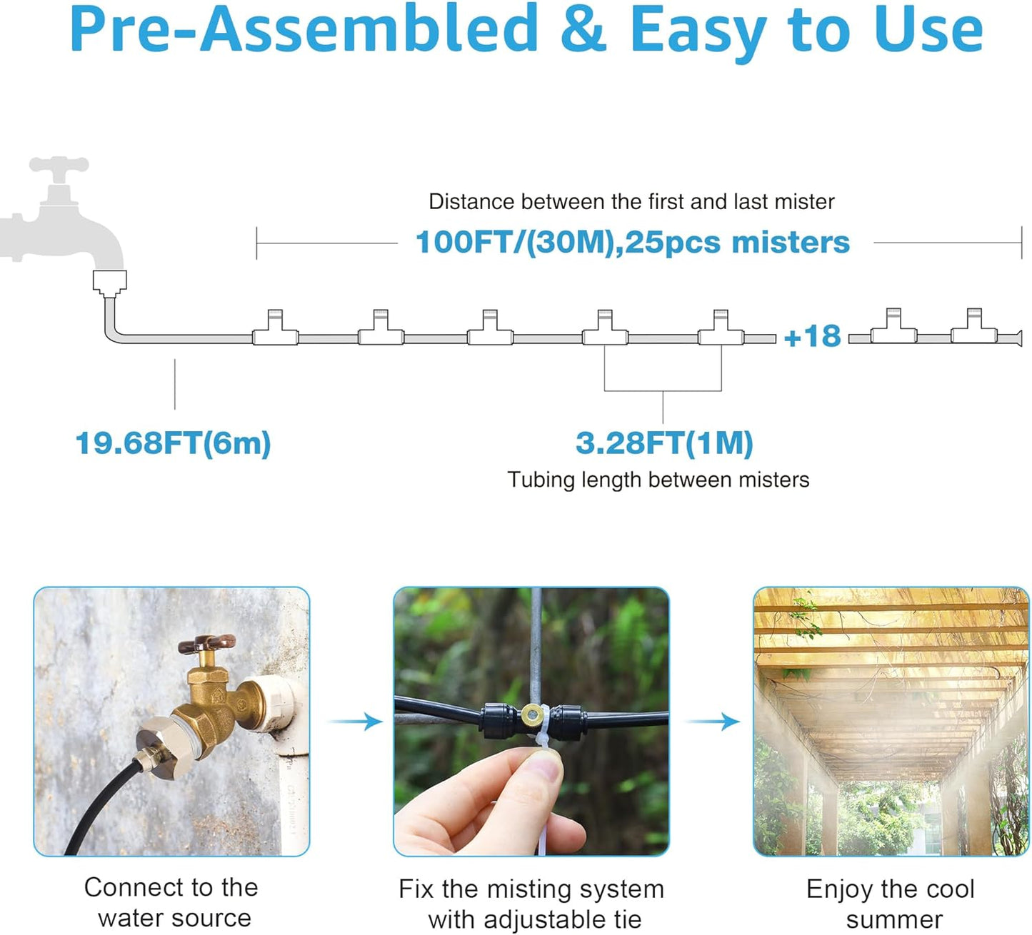 Bonviee Misters for Outside Patio, 100FT Misting Cooling System for Patio, 100FT (30M) Misting Line+28 Mist Nozzles+3/4" Brass Adapter, Pre-Assembled Garden & Greenhouse Watering System
