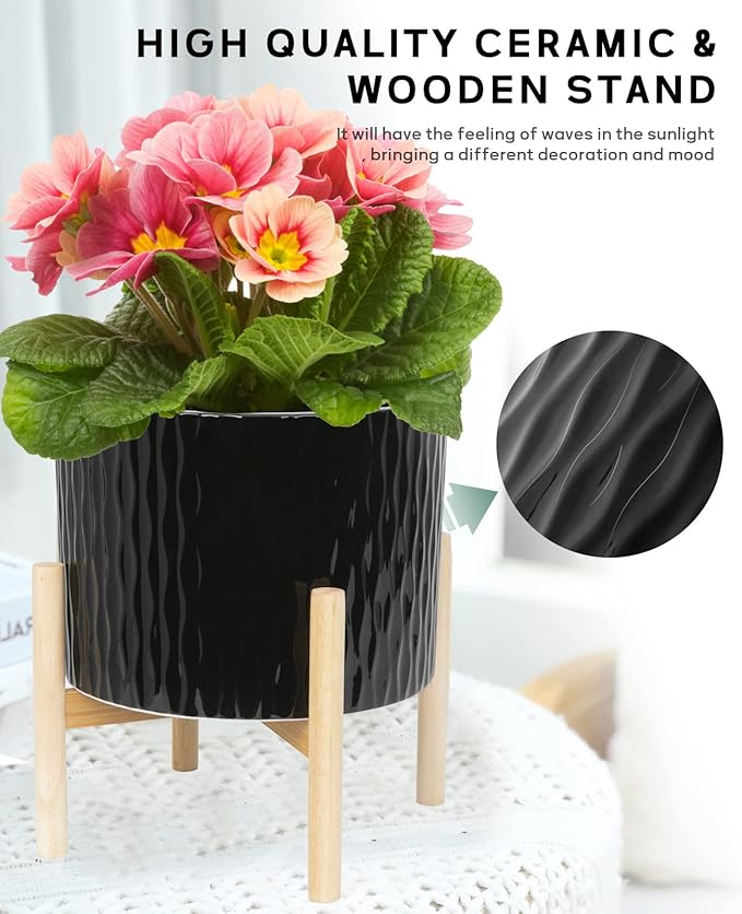 LaDoVita Ceramic Plant Pot with Stand, 10 Inch Planter with Wood Shelf, Modern Round Flower Pots Indoor with Wood Planter Holder, Black Water Ripple Pattern