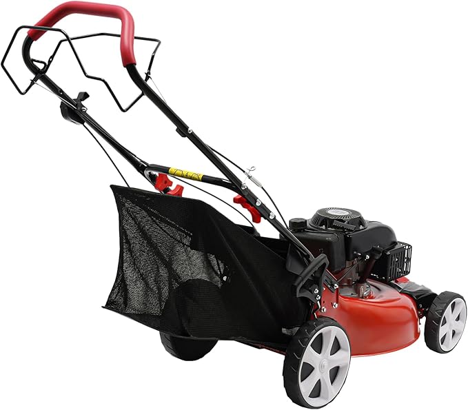 140CC 4 Stroke Walk-Behind Lawn Mower Gas Powered Push Lawn Mower with Wheels and Grass Collecting Bag Grass Trimmer for Yards Gardens Lawns, 8 Adjustable Height, 20-in Cutting Width,5HP