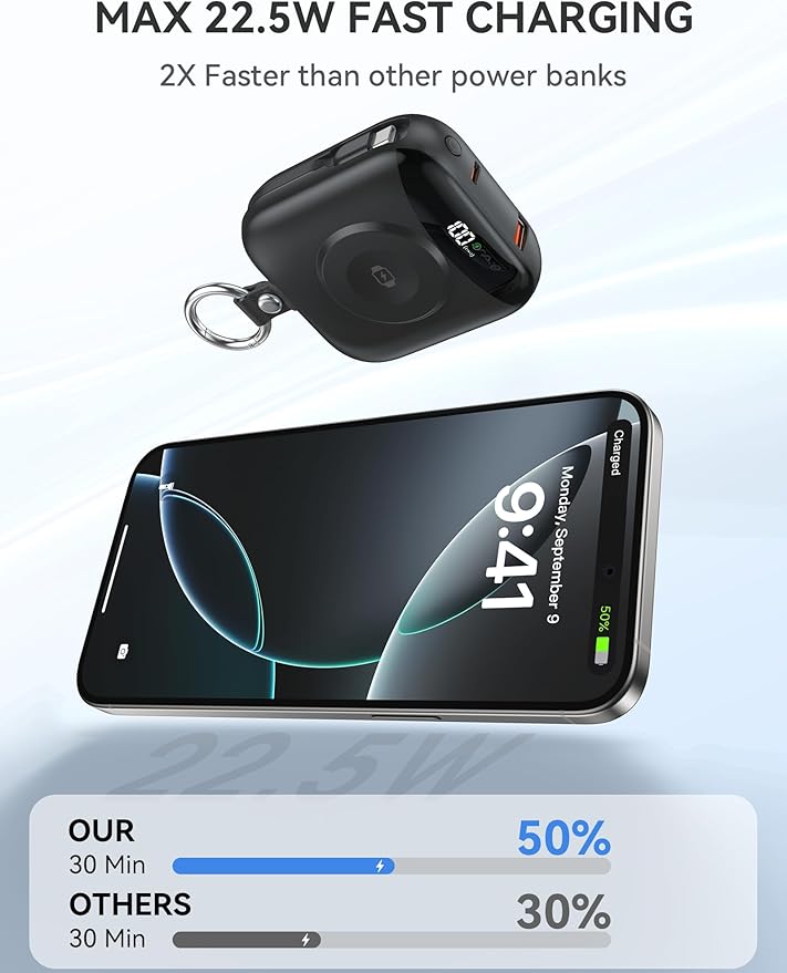 Portable Charger Power Bank, 10000mAh 22.5W Fast Charging with Built-in Cables, Travel Essential Battery Pack with LED Display, Keychain Battery for iPhone, iWatch 10/9/8/7/6/SE/5 Black