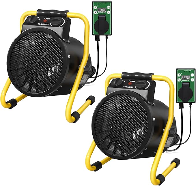 Portable Greenhouse Heater with Digital Thermostat, Overheat Protection, 1500W Radiant Electric Heater for Indoor & Outdoor Use, Garage, Grow Tent, RV, IPX4 Water Resistant, 2 Pieces, Black