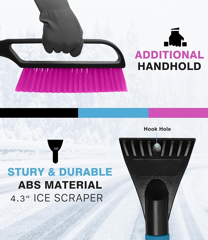 YeewayVeh 35 inch Snow Brush and Ice Scraper, 2 Pack Extendable Car Snow Scraper and Brush with Soft Grip & Additional Handhold, Scratch-Free Windshield Scraper for Ice and Snow, Magenta & Lake Blue