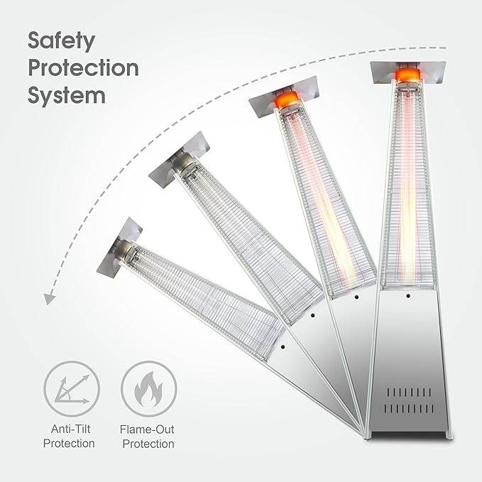 Pyramid Patio Heater 42,000 BTU, Propane Outdoor Heater with Glass Tube and Wheels, Patio Heater with Protection System, Stainless Steel, Suitable for Outdoor Commercial & Residential Use, Silver