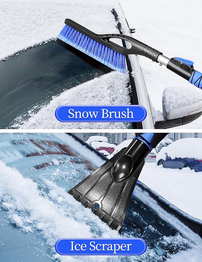 HEEYA 2 Pack Ice Scraper and Brush for Car, Extendable Snow Brush with Ice Scraper for Car Windshield Window, Car Snow Scraper with Foam Grip for SUV Truck Automobile Vehicle - Purple & Blue