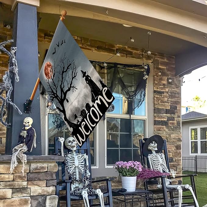 Welcome Halloween House Flag 28x40 Inch Double Sided Burlap Large Witch Pumpkin Flag Outside Porch Decor Halloween Yard Decoration DF110-28