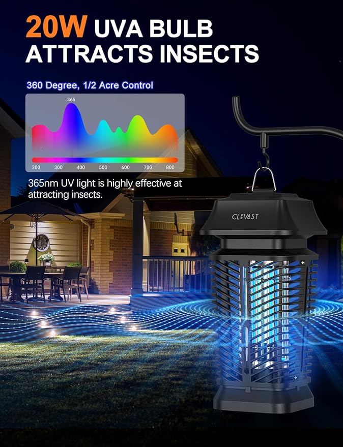 CLEVAST Bug Zapper Outdoor - Electric Mosquito Killer with UV Light, Waterproof Fly Trap for Patio, Yard, Garden, Indoor Use, Black Insect Zapper Lamp - Modern