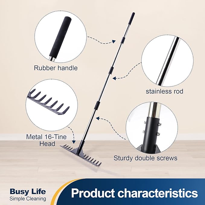 Yocada Thatch Rake 15.7" Steel Lawn Thatching Rake Heavy Duty Grass Grooming Tool for Garden Yard Soil Loosening Lawn Cleaning 62" Tall