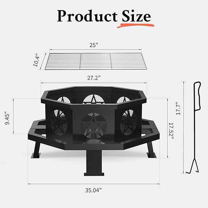 Verdelxue 35 Inch Octagonal Fire Pit with Cooking Grill,Outdoor Wood Burning Fire Pit for Camping Outside Picnic Bonfire,Heavy Duty Firepit for Backyard Garden Patio