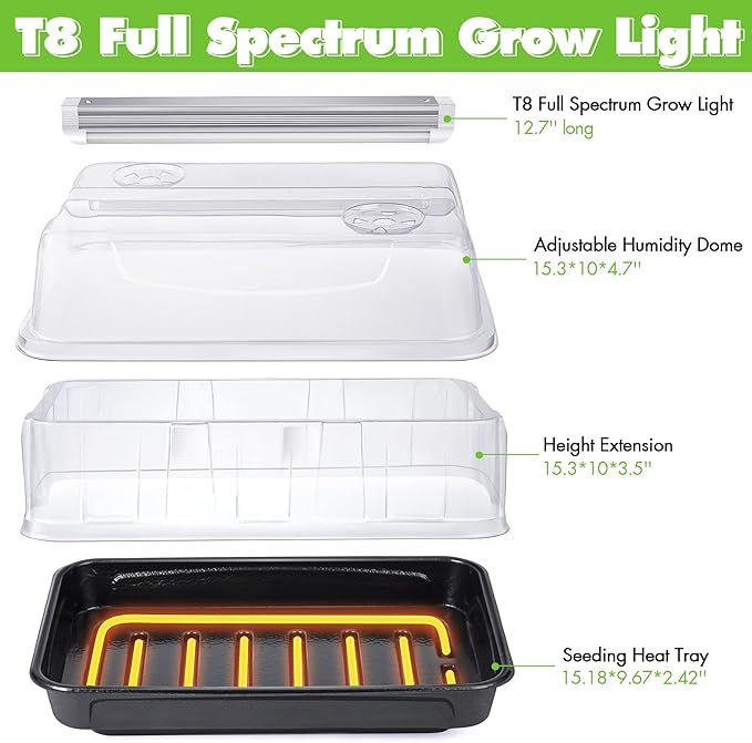 Saillong Seed Starter Tray with T8 Grow Light, Seedling Heat Tray with 15'' x 8.2'' Adjustable Height Humidity Domes, Plant Germination Propagation Kit for Planting Seeds, Mini Greenhouse Indoor