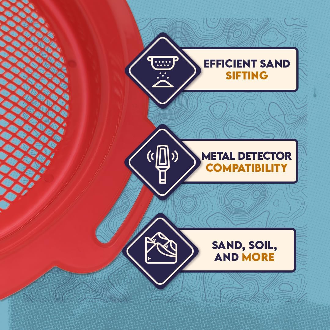 SE 6-Piece Set of 8.5" Plastic Sand Sifting Pans in a Mesh Bag, with 36 Holes Per Inch, in Red, Blue, and Green Colors