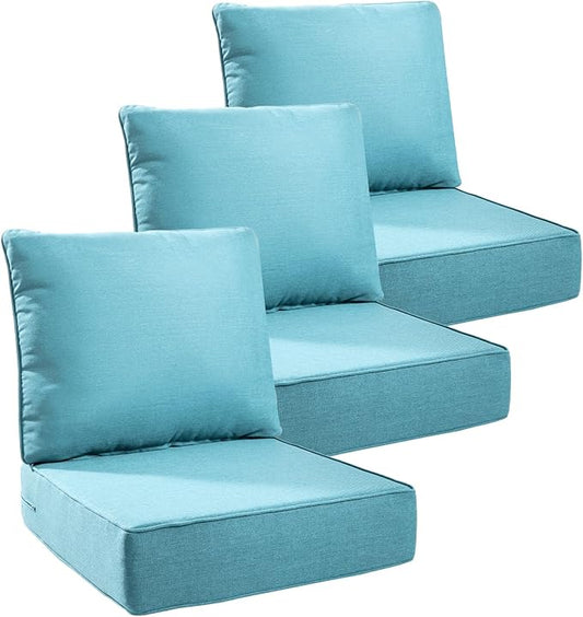 Luxury 6" Outdoor Cushions for Patio Furniture, 24x24x6 Thick Seat Cushion Set of 3, Fade Resistant Couch Chair Replacement Cushions High Density Deep Wicker Chair Cushion w/Removable Cover, Teal