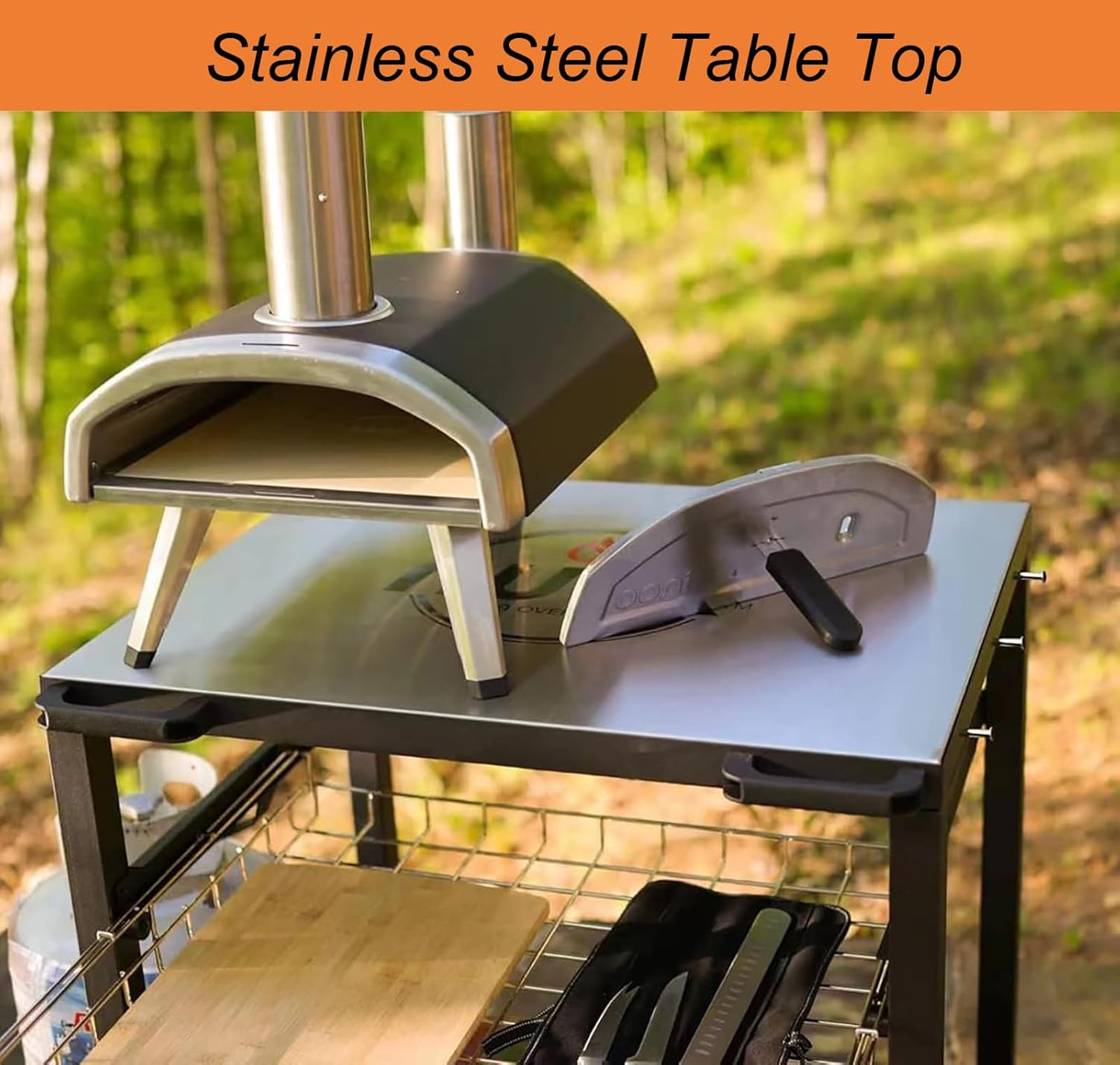 NUUK Double-Shelf Movable Outdoor Pizza Oven Table, 24" x 30" Stainless Steel Commercial Multifunctional Food Prep Worktable with Drawer on Wheels