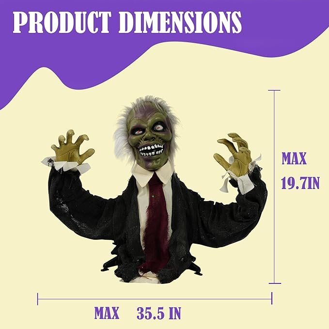 Hourleey Halloween Decorations Outdoor, Animated Scary Zombie Groundbreaker with Creepy Sound, Animatronics Glowing Eyes Zombie Props for Outside Graveyard Lawn Yard Haunted House Decor