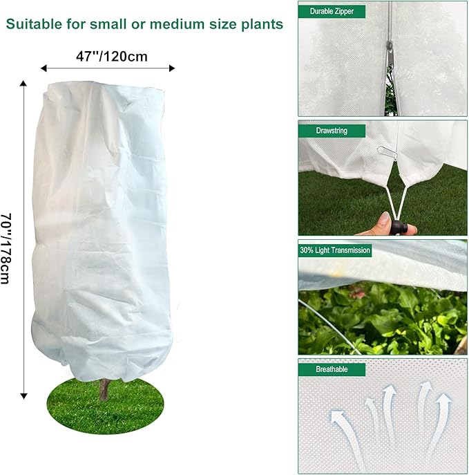 2 Packs Plant Covers Freeze Protection, 47"W X 70"H Large Frost Blankets 2.47oz/yd² with Zipper Drawstring, Reusable Frost Cloth Winter Tree Covers Shrub Jackets for Outdoor Plants Fruit Tree Potted