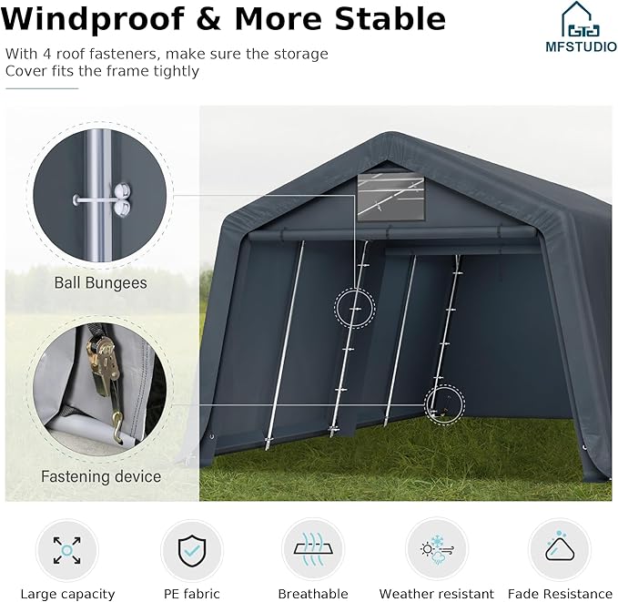 MFSTUDIO Outdoor Carport 13x22 ft, Portable Storage Sheds Shelter Garages Heavy Duty Canopy with Rolled up Zipper Doors, Outside Utility Shed Garage Tent for Boat,Patio Furniture and Tools