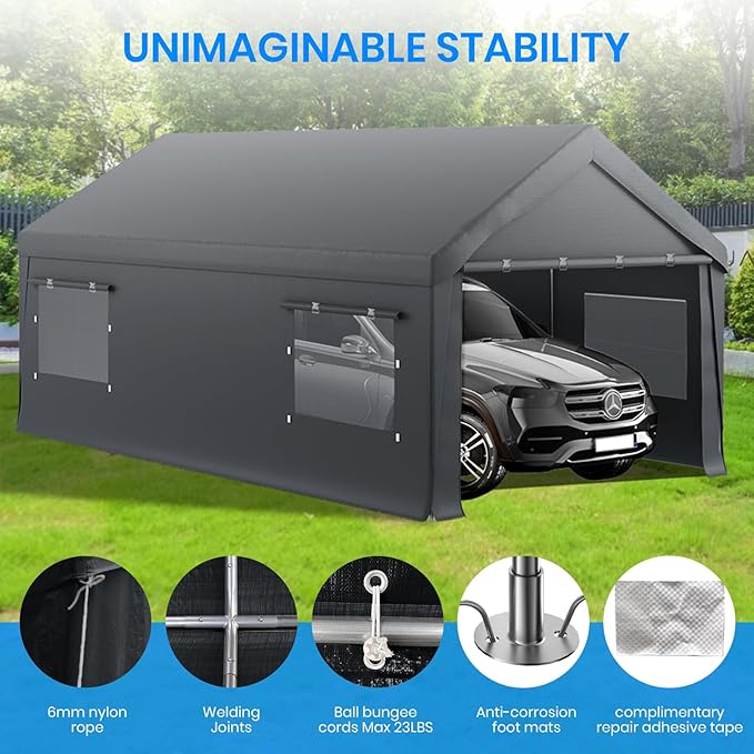 Carport 12x20 FT Heavy Duty,Outdoor Portable Garage with Removable Sidewalls & Doors, Waterproof, UV-Resistant Canopy Shelter for Vehicles, Boats, RVs, Trucks, All-Season Car Port, Gray