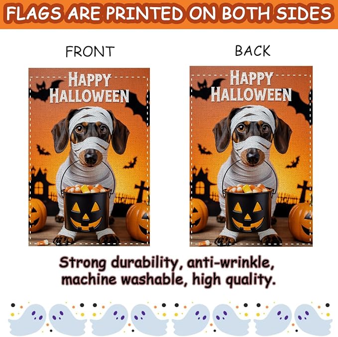 Fokongna Happy Halloween Dog Garden Flag, Halloween Pumpkin Yard Decor Flag, 12x18 Inch Burlap Vertical Double Sided Flags, for Home Yard Outside Decorations