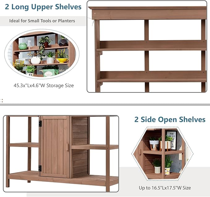 Merax 66" Large Outdoor Farmhouse Wooden Potting Bench Table, Garden Workstation with 2 Drawers, Cabinet, and Open Shelves for Backyard, Mudroom, Brown