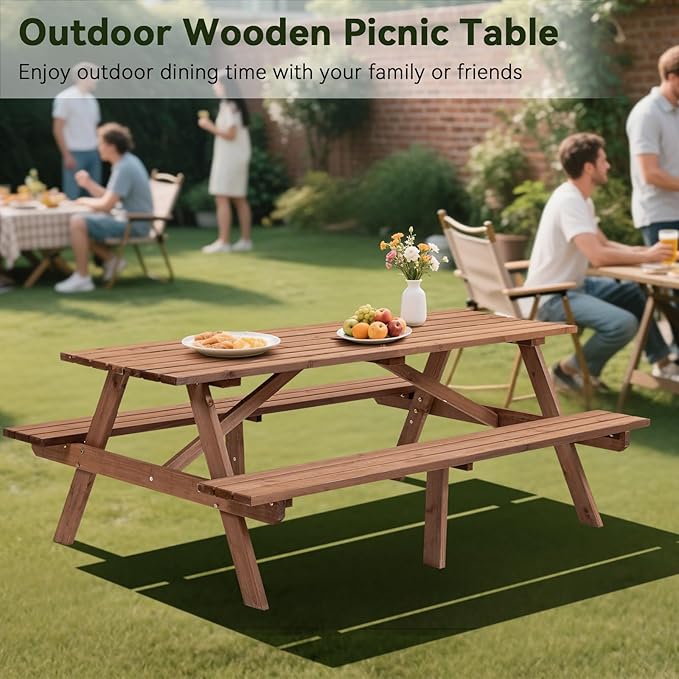 8-Person Wooden Picnic Table with 2 Built-in Benches, 75" L x 50" W Outdoor Dining Table, 2220lb Capacity Includes Umbrella Hole, Perfect for Backyard, Camping, Natural