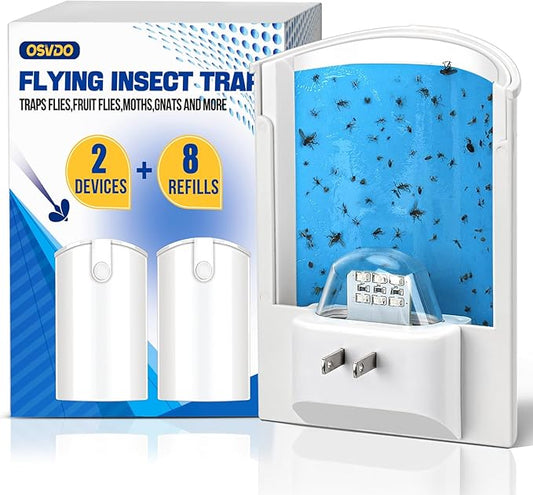 2 Flying Insect Traps & 8 Cartridges - Plug in Fruit Fly Trap for Indoor - Bug Catcher for Gnats, House & Fruit Flies - Mess-Free with Blue & UV Light (2 x Devices & 8 x Refills)