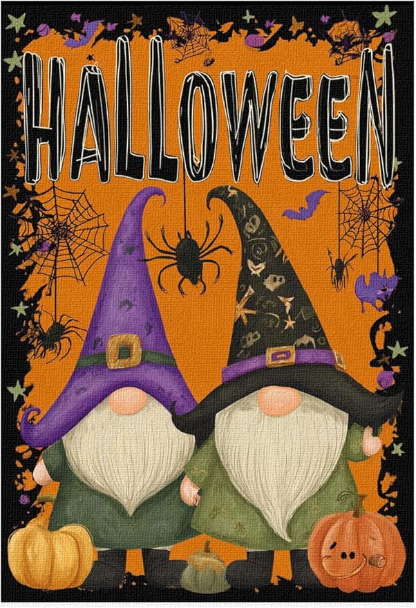 Halloween Gnome Garden Flag 12x18 Inch Happy Welcome Double Sided Burlap Small Flags for Outside, Yard Lawn Outdoor Banner Sign Decoration