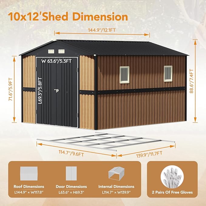 10X12 FT Outdoor Steel Storage Shed with Lockable Doors, 2 Windows, Garden Shed with Metal Frame Floor, Ideal for Backyard, Patio Storage,Chicken Coop(Wood Panels Not Included)