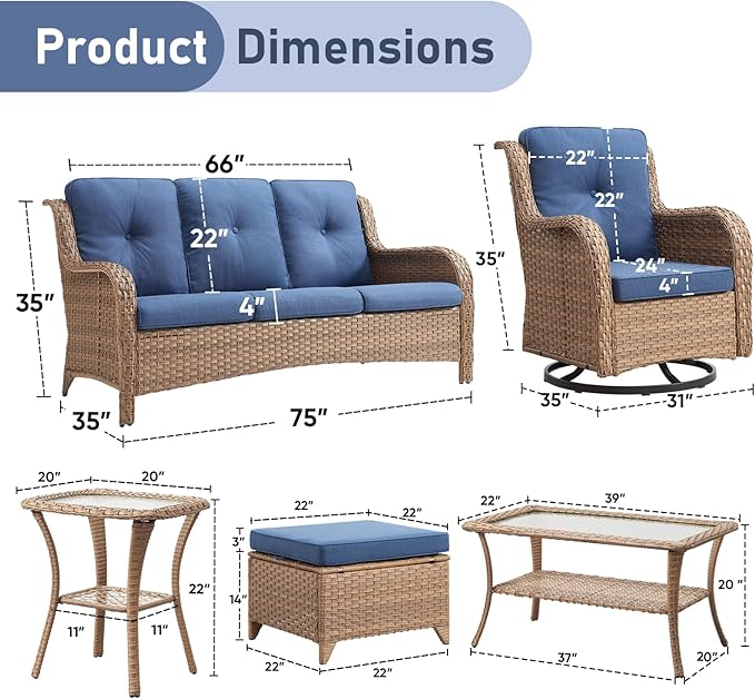 7 Piece Patio Furniture-All-Weather PE Wicker Outdoor Patio Furniture with Swivel Rocker Chairs,Outdoor Couch with Ottomans,Outdoor Furniture Set with Tables,