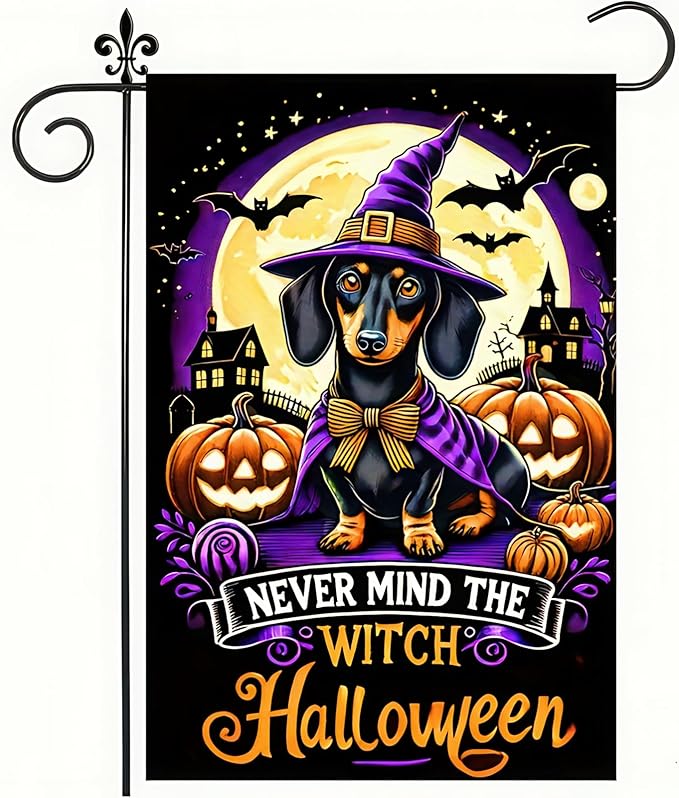 Witch Halloween Garden Flag 12 x 18 Double-Sided Witch Hat Dachshund Dog Garden Flag Fall Pumpkins Seasonal Holiday Outdoor Yard Flag Lawn Party Decorations Banner