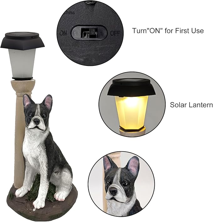 Solar Dog Garden Statues with Lantern, Resin Boston Terrier Sculpture with Warm White Light for Outside Lawn Porch Patio