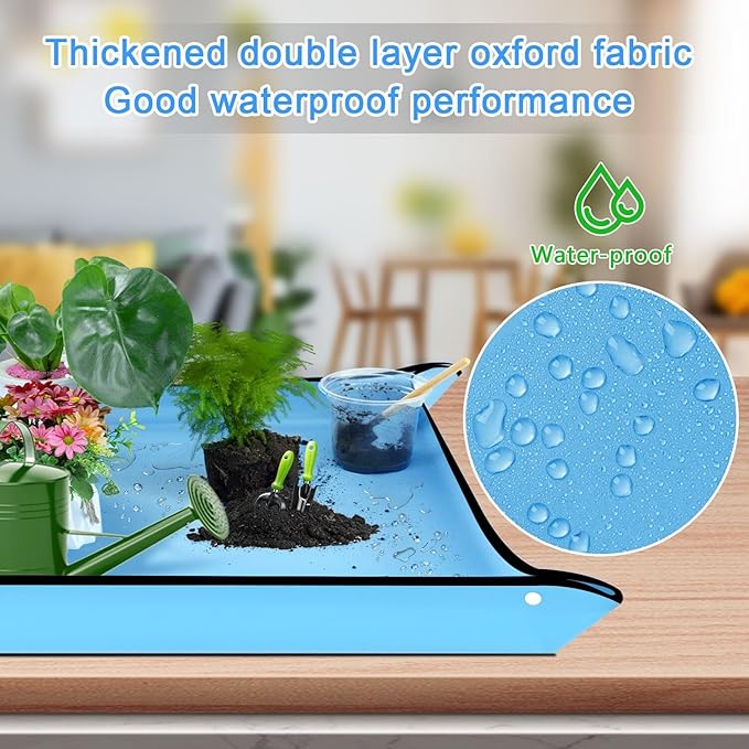 SupKing Repotting Mat 29.5"x 29.5" for Indoor Plant Transplanting Large Blue Garden Mat Gift for Plant Lovers Oxford Fabric Portable Potting Tray for Gardening Mess Control