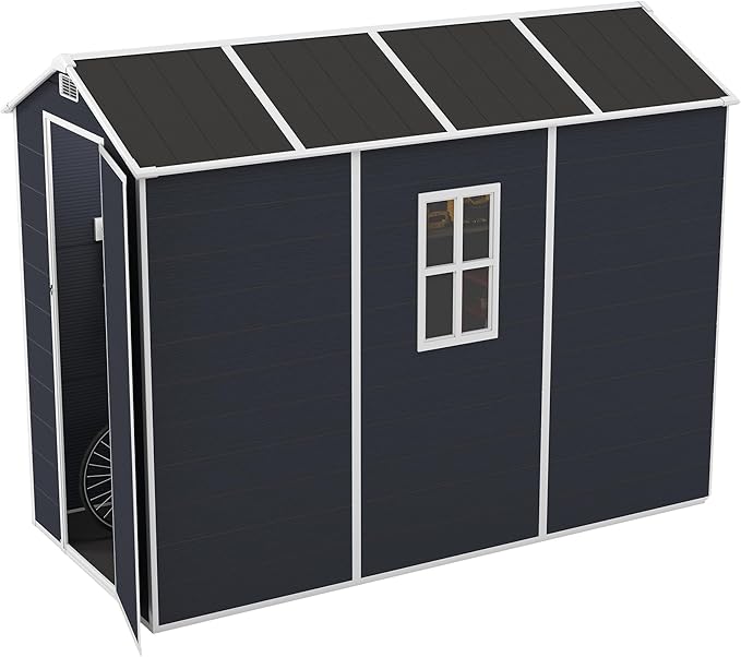 Resin Storage Shed 8x4ft, Outdoor Tool Shed with Floor, Window, Lockable Doors and Vents, 12mm Thick pp Board, Storage Sheds for Patio, Garden, Backyard, Lawn (Dark Gray, 4 * 8ft)