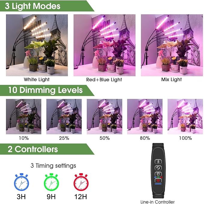Grow Lights with Stand,4 Goosenecks Floor Plant Light for Indoor Plants,10 Dimmable Levels & Auto On/Off Timer (3/9/12H Timer), Tripod Stand Plant Lamp Height Adjustable,Red and Blue Light.