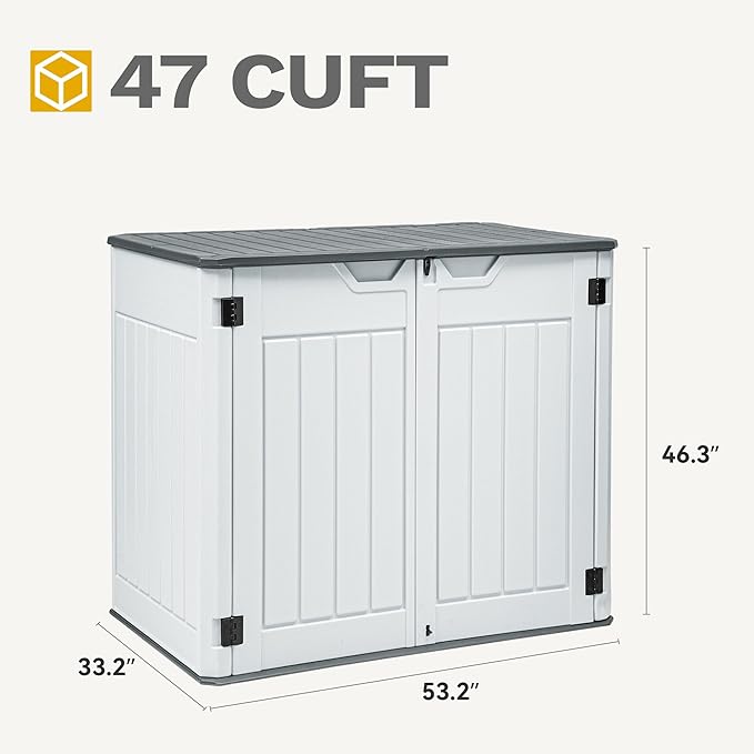 DWVO 47 cu ft Spacious Horizontal Storage Unit, Outdoor Resin Tool Locker Without Shelf, Waterproof Lockable Container with Base for Gardening, Waste Bins, Grass Cutter, 4.5x2.8x3.9 ft, Light Gray