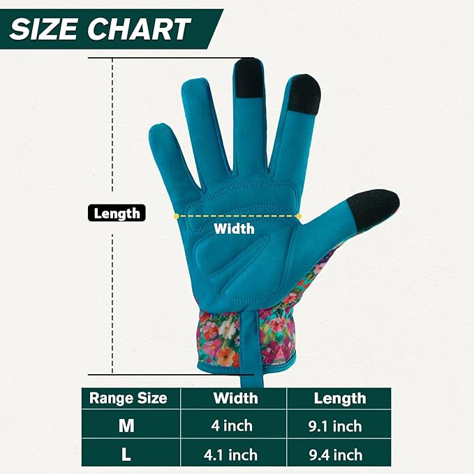 Gardening Gloves for Women, Printed Touchscreen Garden Gloves with Grip, Thorn-Proof Puncture-Resistant Work Gloves