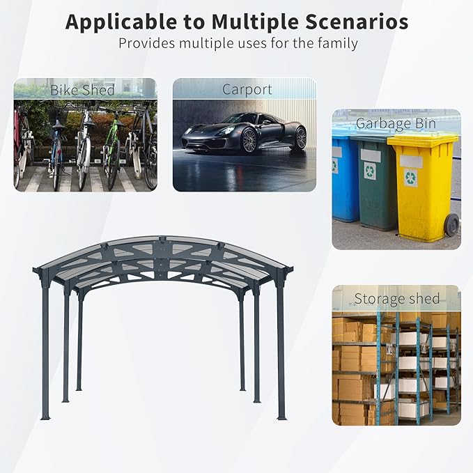 KEIKI 12x16x8 FT Aluminum Metal Outdoor Carport with Polycarbonate Roof,Heavy Duty Vehicle Shed Canopy for Car,Truck and Boats