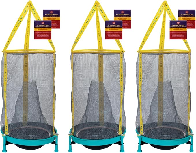 EZ Fly Cage Ranch Fly Trap with 2 Flies Inn Fly Attractant Bait Refill, Low Odor, Reusable, Built to Last for Years (3 Trap+ 6 Baits, 1)