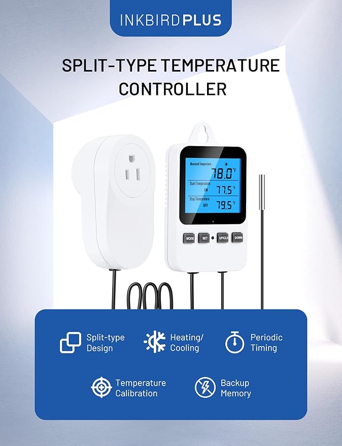 INKBIRDPLUS Plug in Thermostat, Separate Thermostat Outlet for Heater with 8.8 Ft Power Cord, for Reptile Greenhouse Homebrew Aquarium Seedling Mat, Heating or Cooling Mode Thermometer Controller