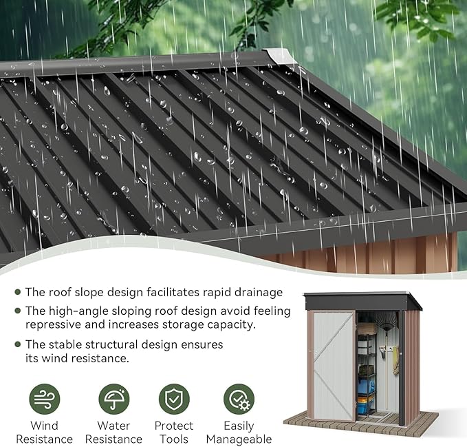 Aoxun 5x3 ft Galvanized Metal Outdoor Storage Shed with Base Slanted Roof Tool House with Stainless Latch & Base Frame Durable Weather-Resistant Garden Shed for Patio, Brown