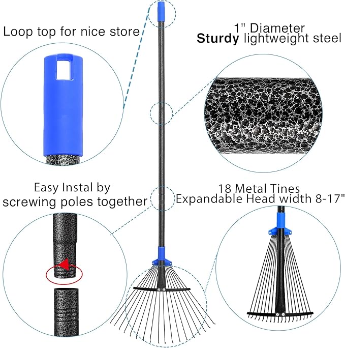 Rake for Leaves, 5ft Adjustable Metal Garden Leaf Rake with Expandable Head 7-16", Small Cllapsible Rakes for Lawns Gardening Camping Heavy Duty