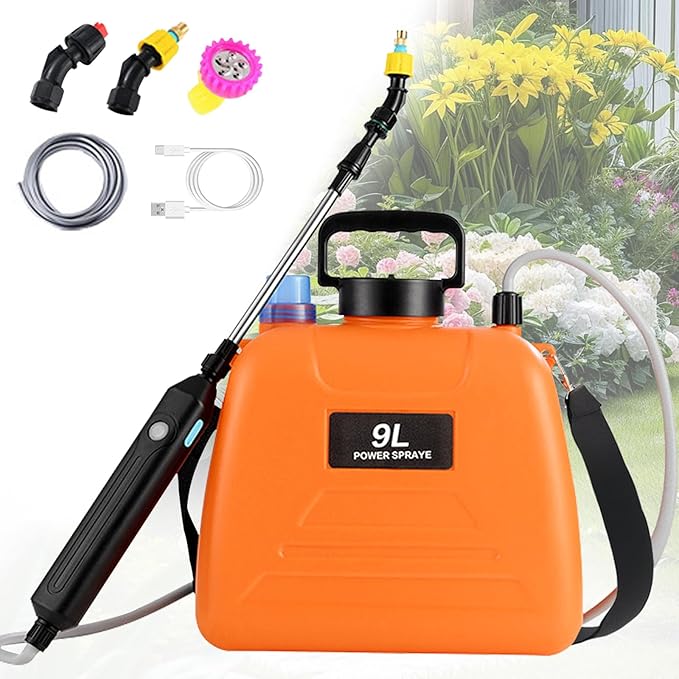 Battery Powered Sprayer, 2.4 Gallon Electric Garden Sprayer, Automatic Power Weed Spray Battery Operated with Adjustable Shoulder Strap and Rechargeable Handle for Yard, Lawn, 3 Mist Nozzles (Orange)