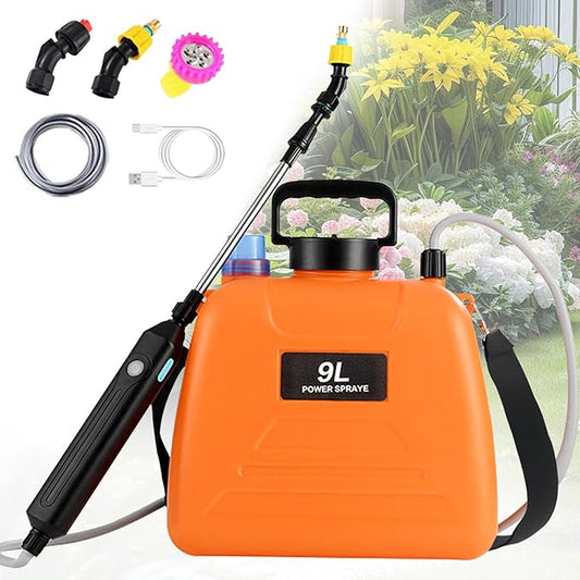 Battery Powered Sprayer, 2.4 Gallon Electric Garden Sprayer, Automatic Power Weed Spray Battery Operated with Adjustable Shoulder Strap and Rechargeable Handle for Yard, Lawn, 3 Mist Nozzles (Orange)