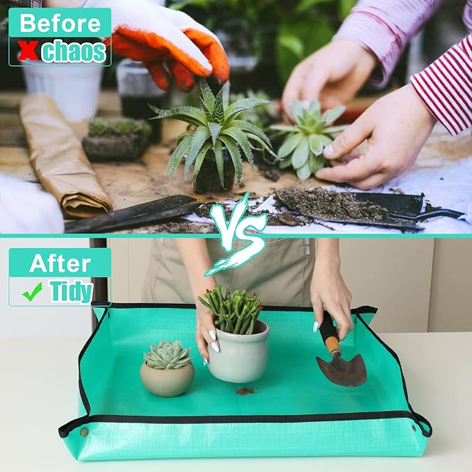PE Houseplants Repotting Mat, Waterproof Indoor Plant Potting Tray, Foldable Bonsai Repotting Pad, Garden Soil Mess Workspace Tarp for Succulent, Cactus, Aloe Vers, Pothos, 26.8 x 26.8