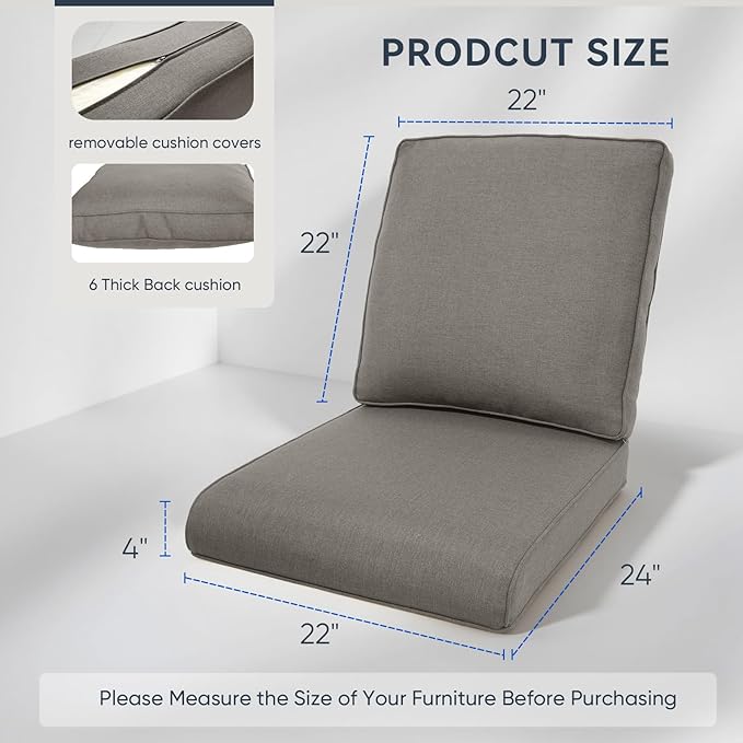 7-Piece Outdoor Patio Cushion Set - Fade & Water Resistant with Removable Olefin Cover, 22x24x4 Inch Memory Foam Cushions for Wicker Sectional Sof - Grey/Regular