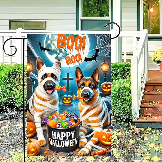 Halloween Garden Flag 11.81 x 17.72 Inch German Shepherd Dogs in Mummy Costume with Candy Pumpkins Bats and Full Moon Outdoor Yard Decoration for Holiday Party