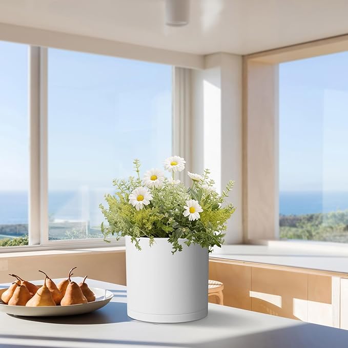 Cylinder 10 inch Plant Pots, Mordern Plastic Planters with Drainage Holes and Saucers for Indoor Outdoor Plants Flowers, White