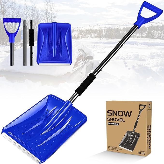 Snow Shovel 2026 Upgrade, Large-Capacity Lightweight Aluminum Portable Shovel for Parent-Child Snow Playing, Garden, Car & Camping with Extra Ice Scraper (Blue)
