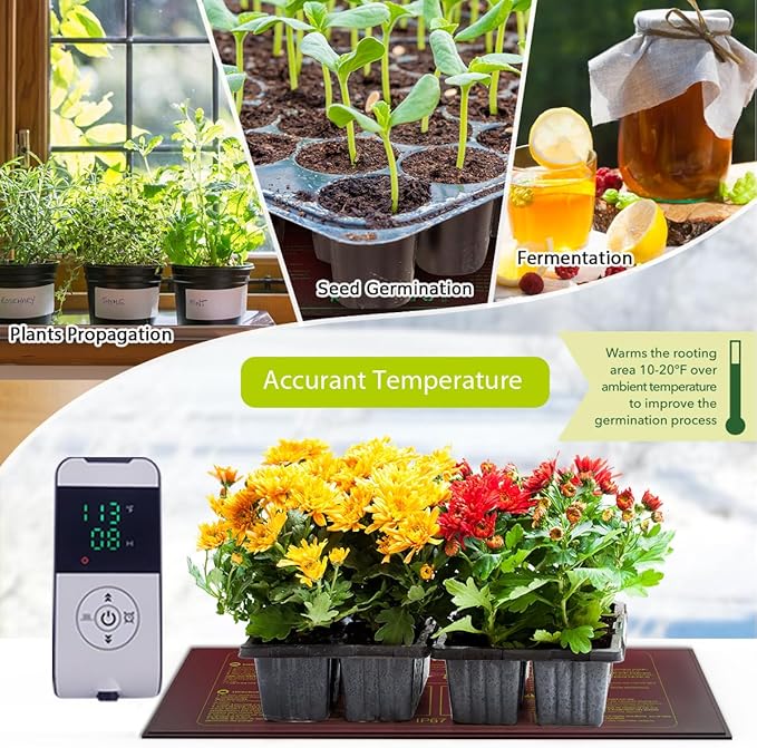 Seedling Heat Mat 10X20.75`` with Thermostat Temperature Controller Auto Off Timer Durable Waterproof Plant Heating Pad Warm Hydroponic Heating Mat for Seed Starting Germination Plant Propagation (1)