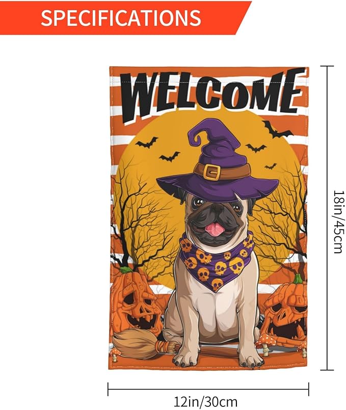 Halloween Pug Dog Pumpkin Bat Skull Garden Flag Welcome Party Outdoor Outside Decorations Picks Home House Garden Yard Decor 12x18 Inch