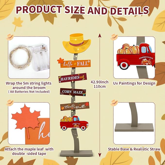 Lighted Wood Hello Fall Porch Sign,Fall Welcome Porch Decor,Autumn Maple Pumpkin Truck Sweater Weather Standing Wooden Signs for Home Front Door Yard Party Decor